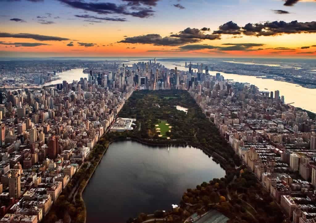 a city with a lake and a body of water