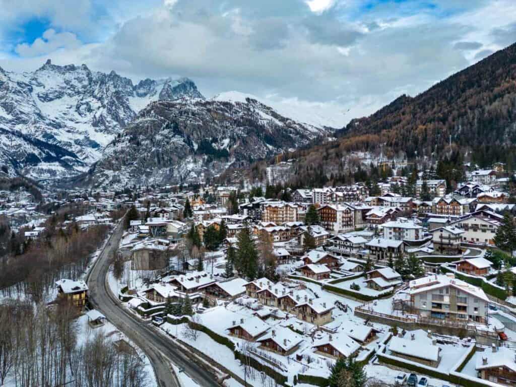 Courmayeur Italian mountain town from drone