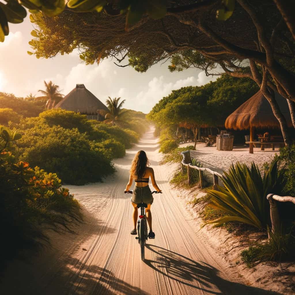 A photograph depicting biking to Tulum Beach from the town. The scene features a female cyclist on a sandy path surrounded by lush greenery.
