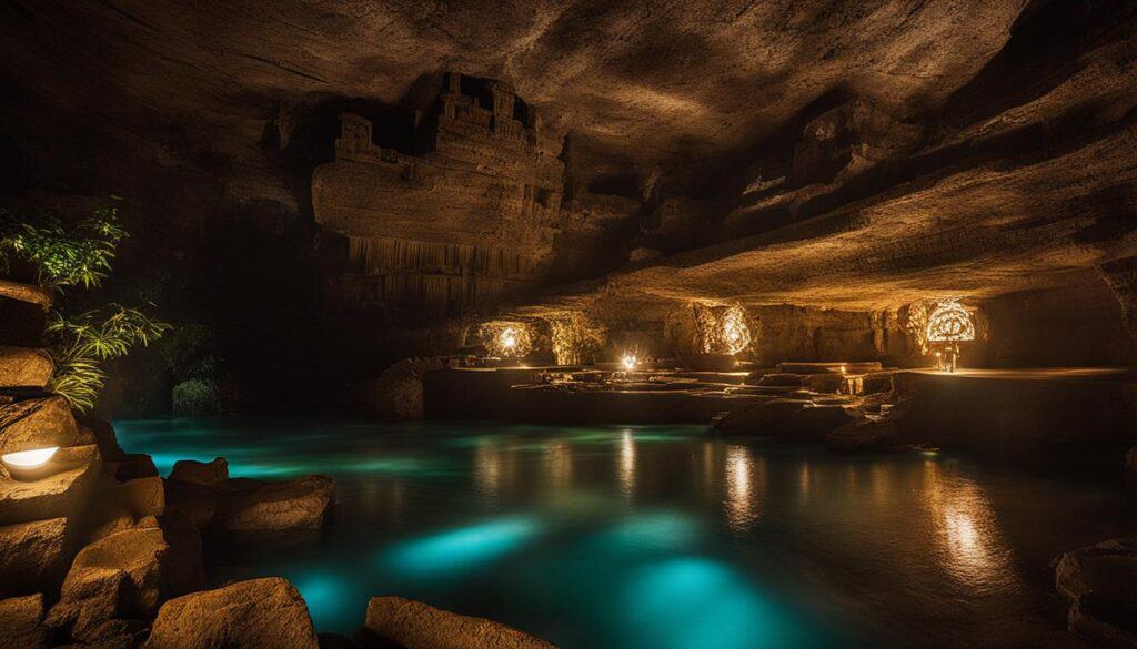 exploring an ancient Mayan cave in Belize's Actun Tunichil Muknal, with sparkling crystal formations and mysterious artifacts hidden deep within its earthy walls.