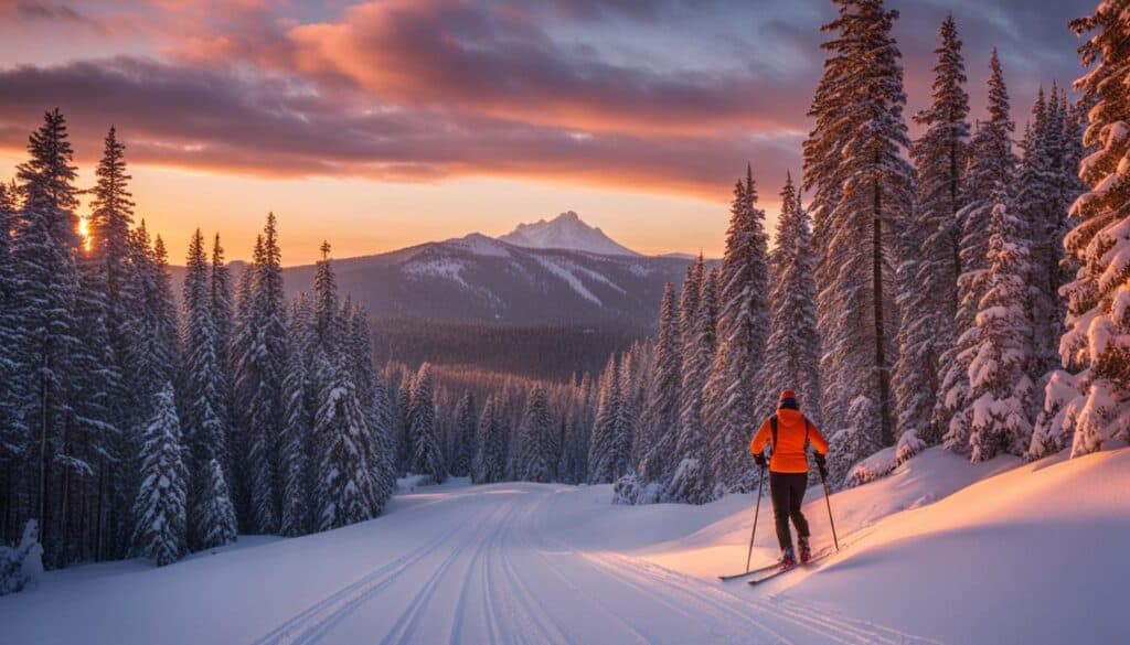 A lone cross-country skier gliding through a snowy forest trail, with tall pine trees towering on both sides, and the sun rising over the distant snow-capped mountains in the background.