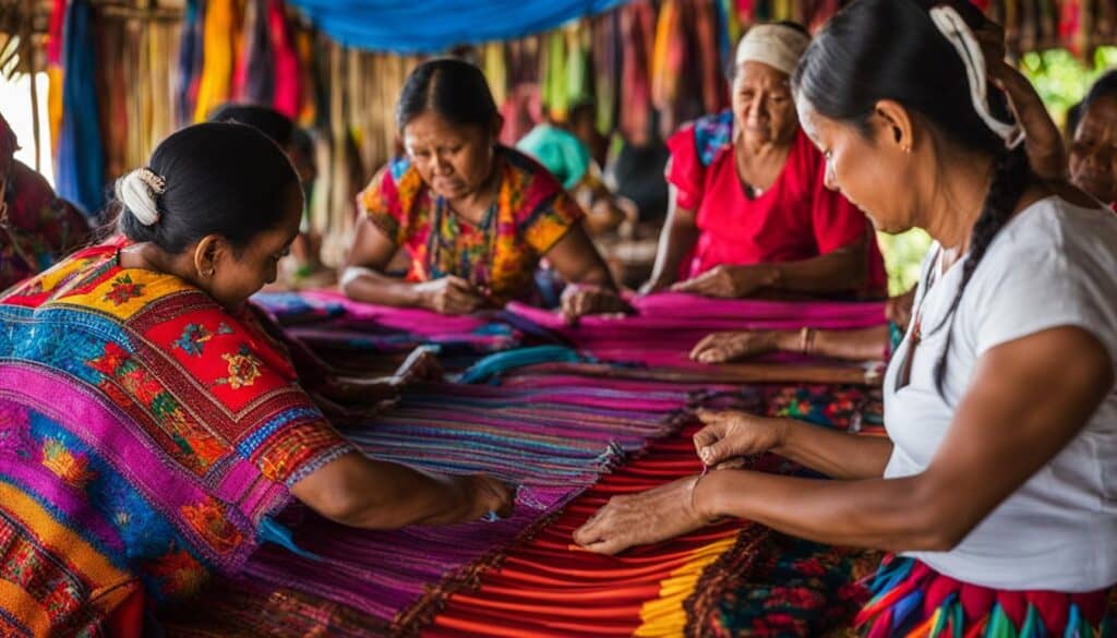 The vibrant colors and patterns of the local textiles and crafts of Nicoya Peninsula. Show the intricate details and skilled craftsmanship of these traditional art forms, blending together the cultural influences of the region's indigenous communities and Spanish colonization.