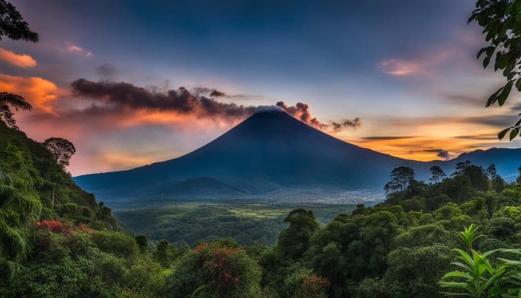 the awe-inspiring sight of Santiaguito Volcano rising majestically against the clear blue sky. Show the powerful force of nature with smoke and ash billowing from its crater.