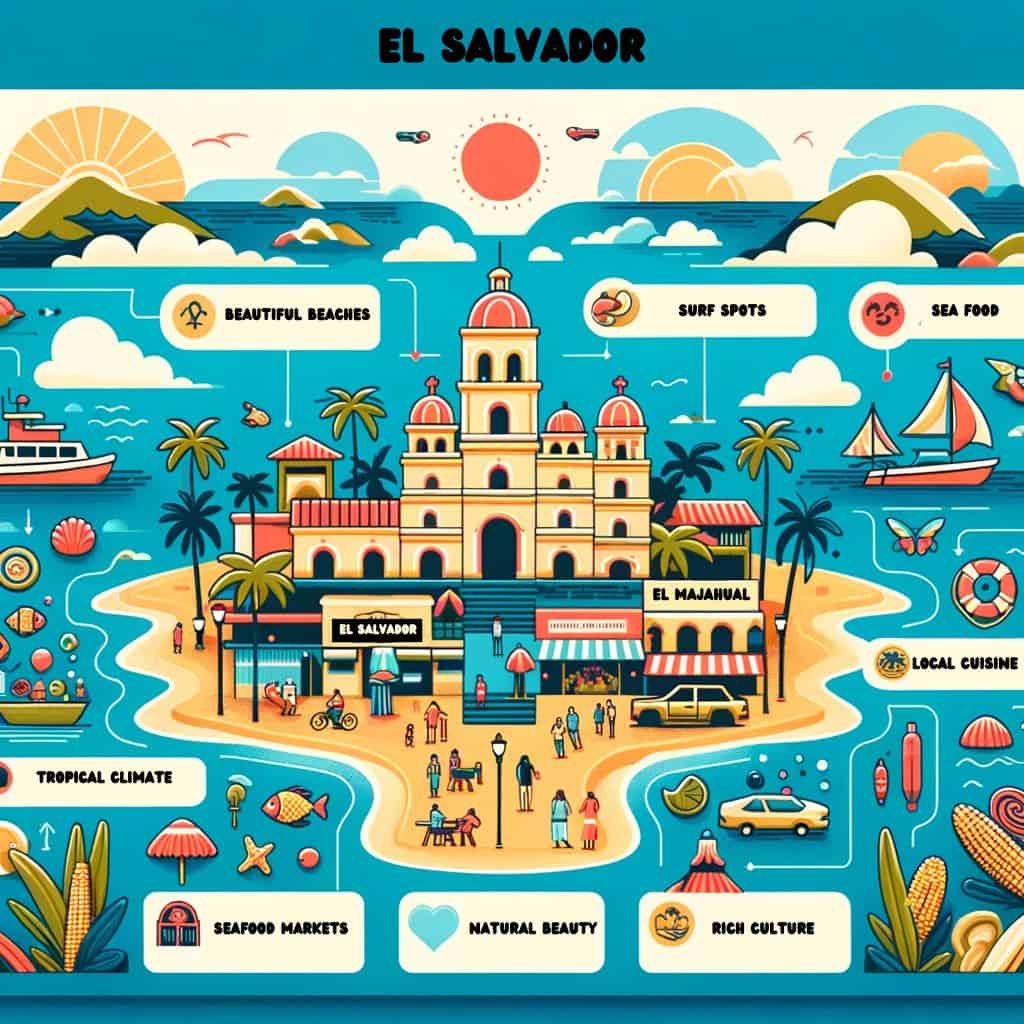 El Salvador infographic highlighting the key features of El Majahual in El Salvador. It includes elements like beautiful sandy beaches, popular surf spots, local seafood cuisine, vibrant street markets, tropical climate, and rich cultural heritage
