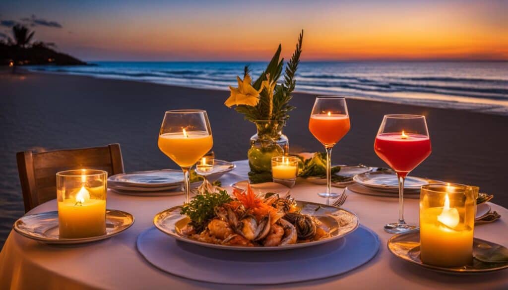 A table for two sits on the sandy beach with a clear view of the ocean and golden sunset sky. A candle flickers in the center of the table, casting a warm glow on the plates of fresh seafood and tropical cocktails. The sound of waves crashing on the shore provides a soothing ambiance as diners enjoy their meals under the stars.