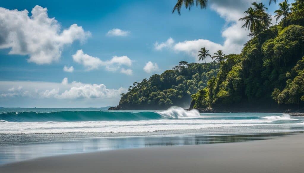 surfer catching a wave in the crystal clear waters of Manuel Antonio. The sky is bright blue with fluffy white clouds, and palm trees line the beach in the background.