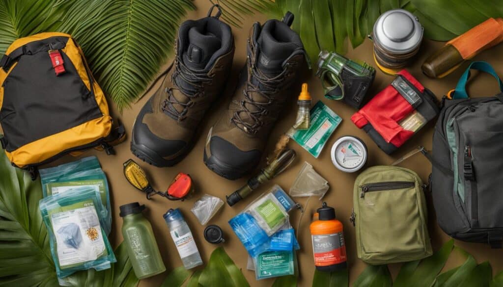 essential equipment for best hikes in Central America, including lightweight and breathable clothing, sturdy boots, a hydration pack, insect repellent, and a compact first aid kit. 