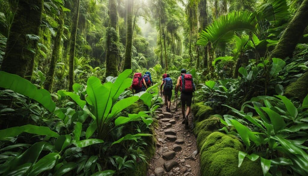 group of hikers trekking through a lush, green jungle in central america