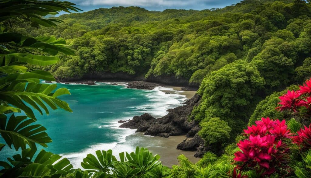 Capture the essence of Nicoya Peninsula's climate with vibrant colors and contrast. Show the lush vegetation thriving under the sun, while the cool ocean breeze provides a refreshing relief from the heat.