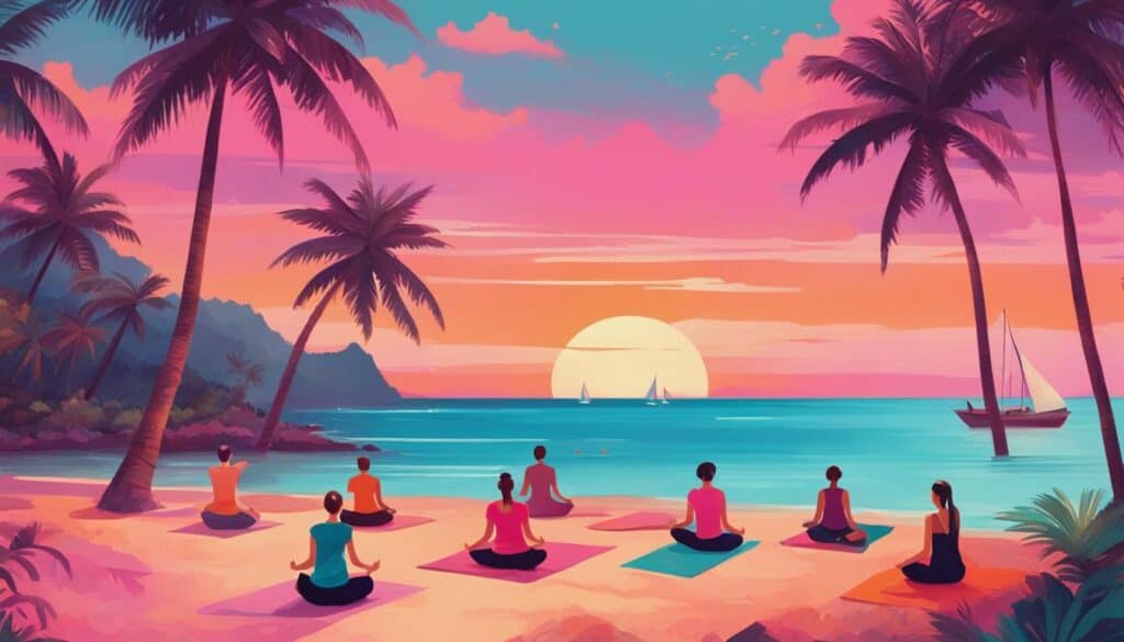 A group of people doing yoga on a quiet beach with turquoise waters, surrounded by lush greenery and tall palm trees. One person is holding a coconut with a straw in it, while others are meditating or stretching. In the distance, there are small fishing boats peacefully sailing on the tranquil sea. The sky is painted in warm tones of pink and orange, creating a serene atmosphere.