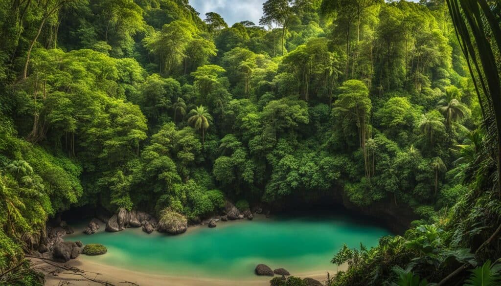 A panoramic view of the lush green rainforest in Manuel Antonio Wildlife Refuge with a variety of animals such as sloths, monkeys, toucans, and exotic insects in their natural habitats. The canopy of trees should be highlighted with rays of sunlight peeking through.