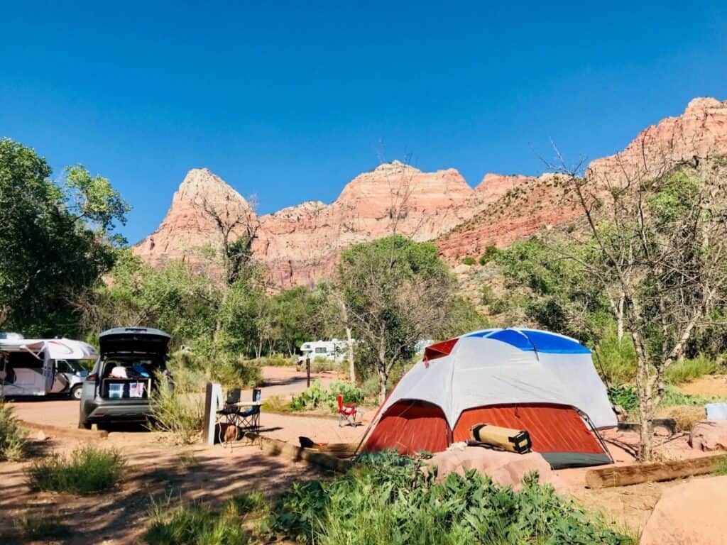 Zion National Park in Utah, United States. Watchman Campground in the park. Guests need to make a reservation. It gets crowded in summer