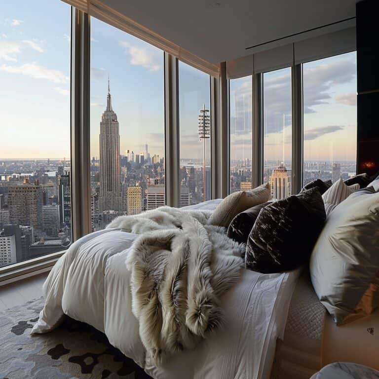 a large window with a view of a city