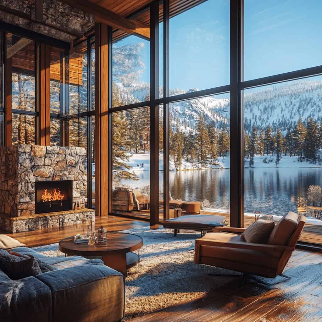a living room with a fireplace and a snowy mountain landscape