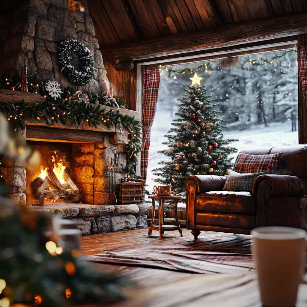 a living room with a fireplace and a christmas tree