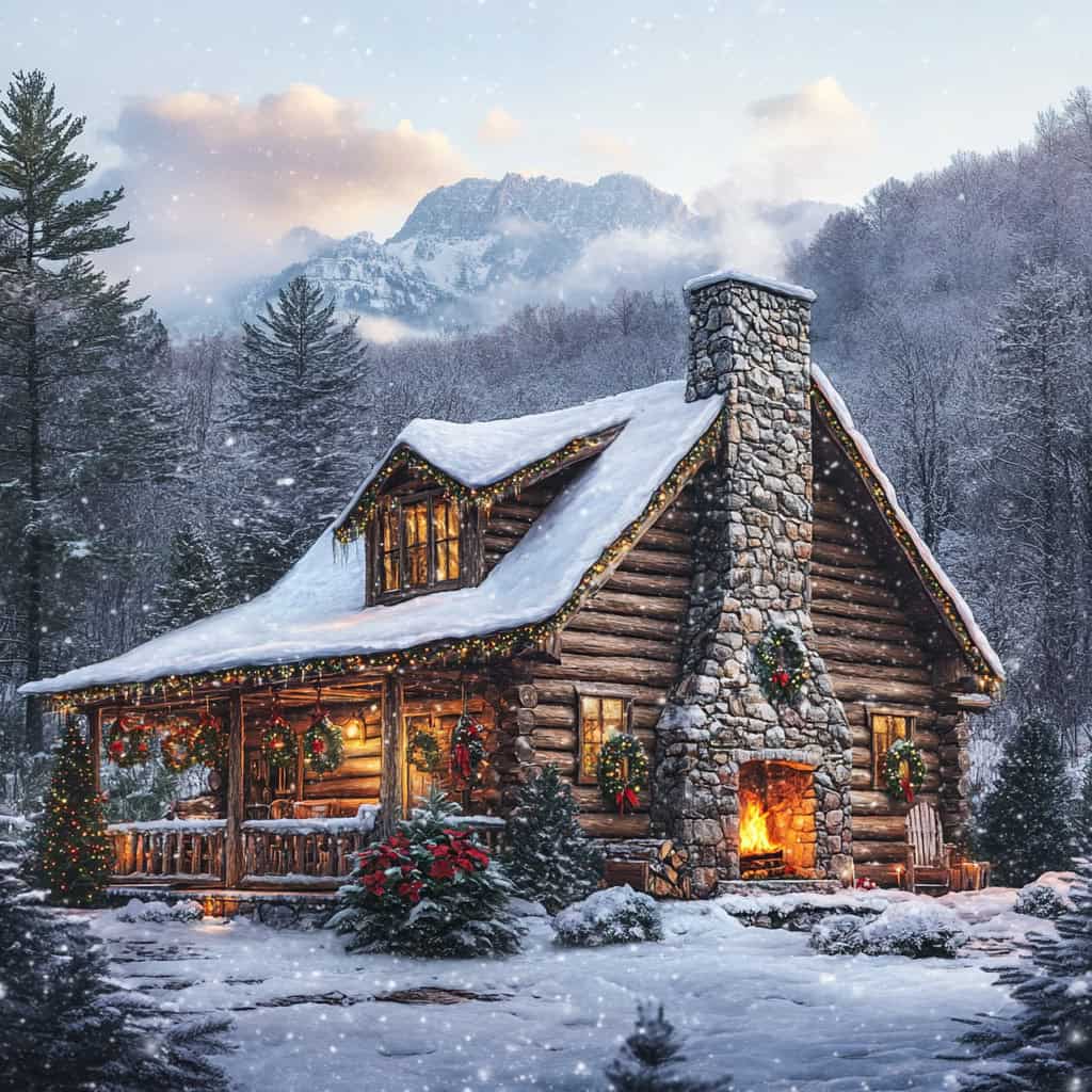 a log cabin with lights and trees in the snow