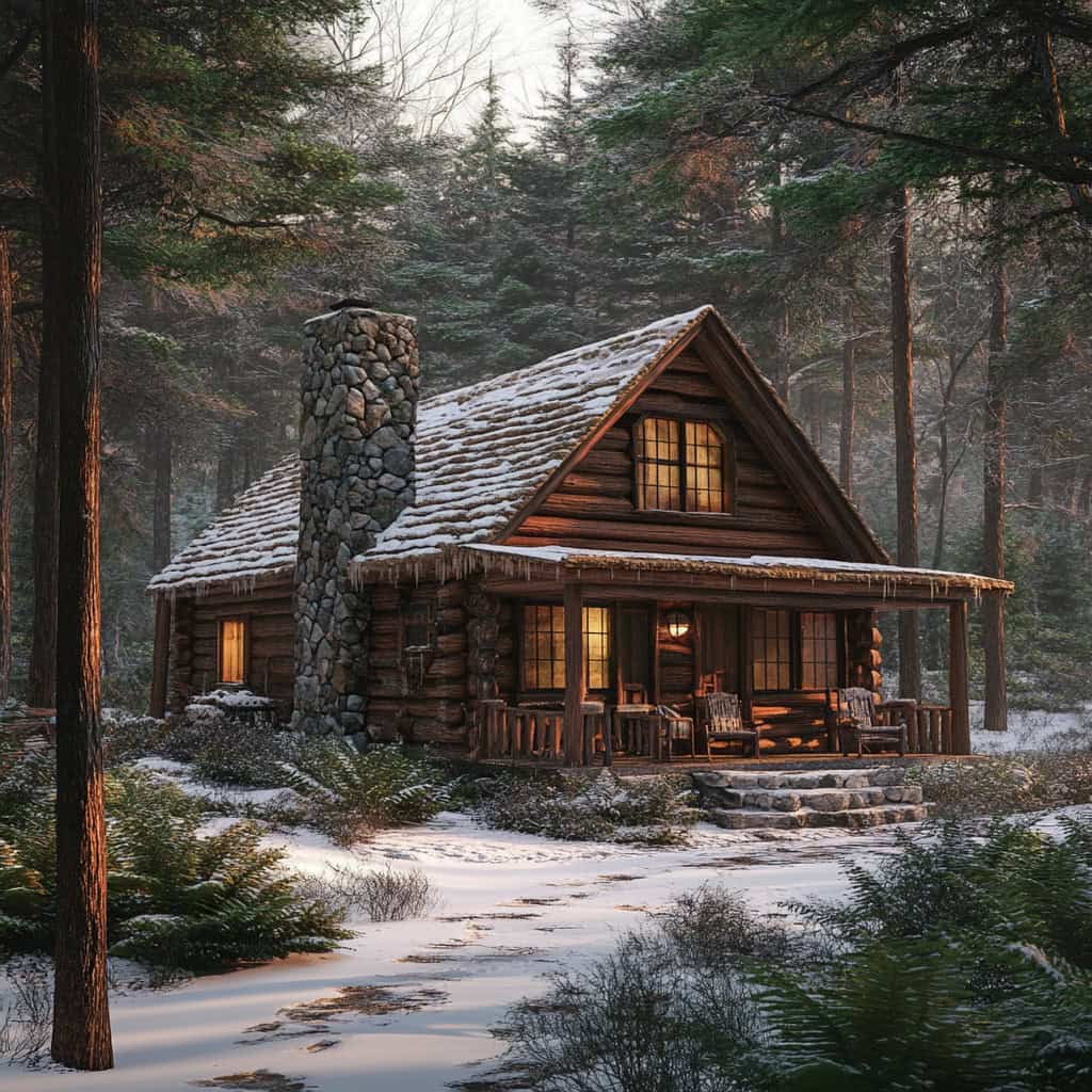 a log cabin in the woods