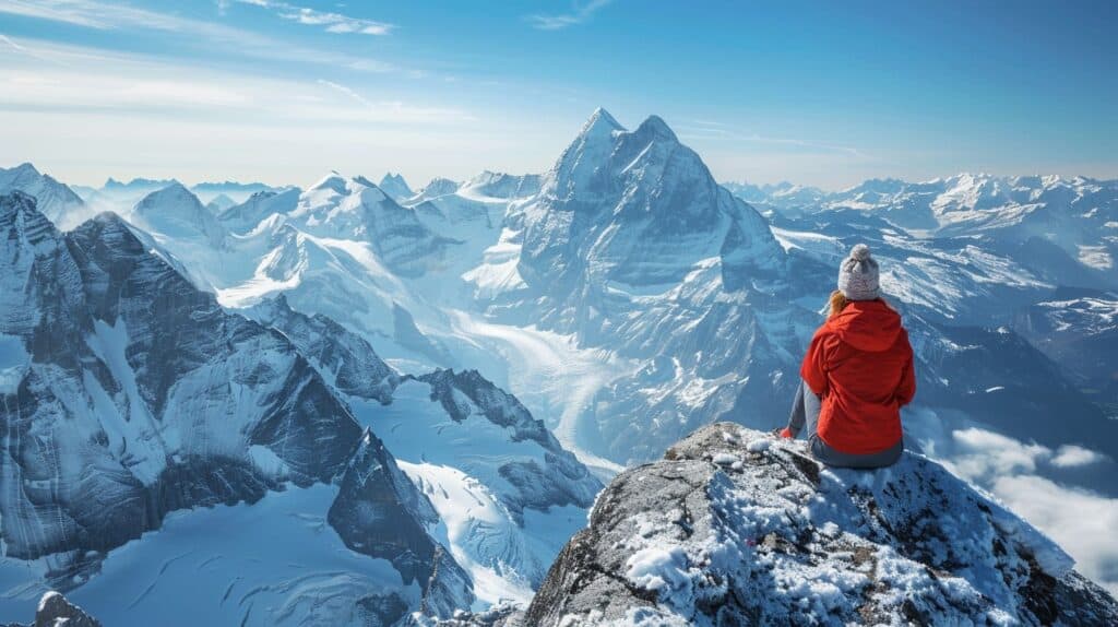A person in a red jacket sits atop a snowy mountain summit, overlooking vast alpine ranges.