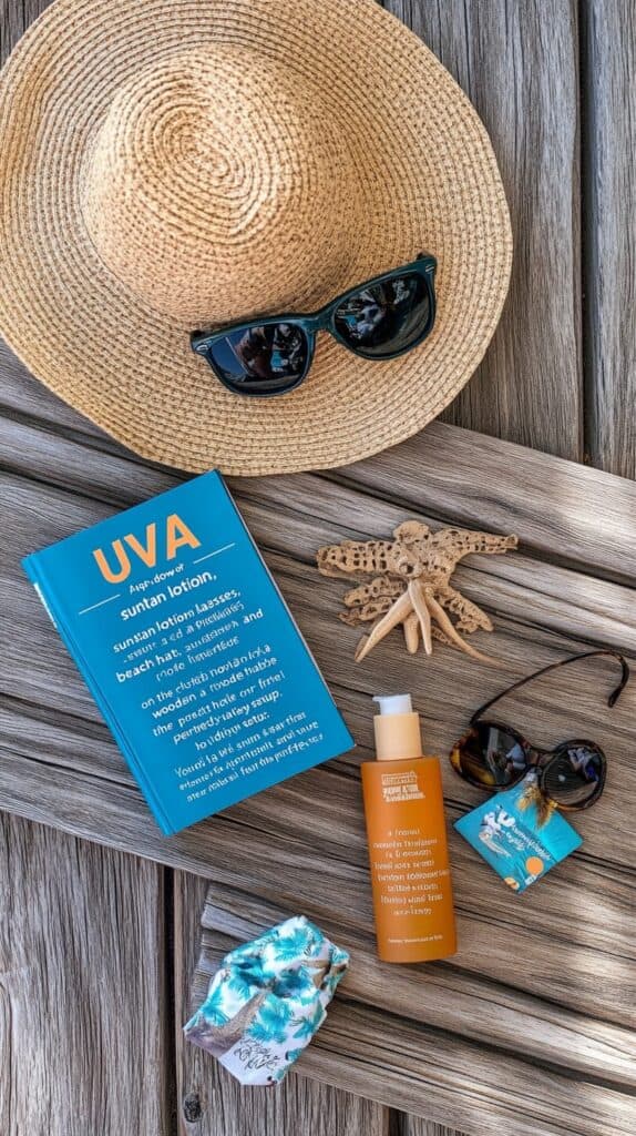 Straw hat, sunglasses, sunscreen, UVA protection booklet, car keys, and a candy wrapper lie on a wooden background.