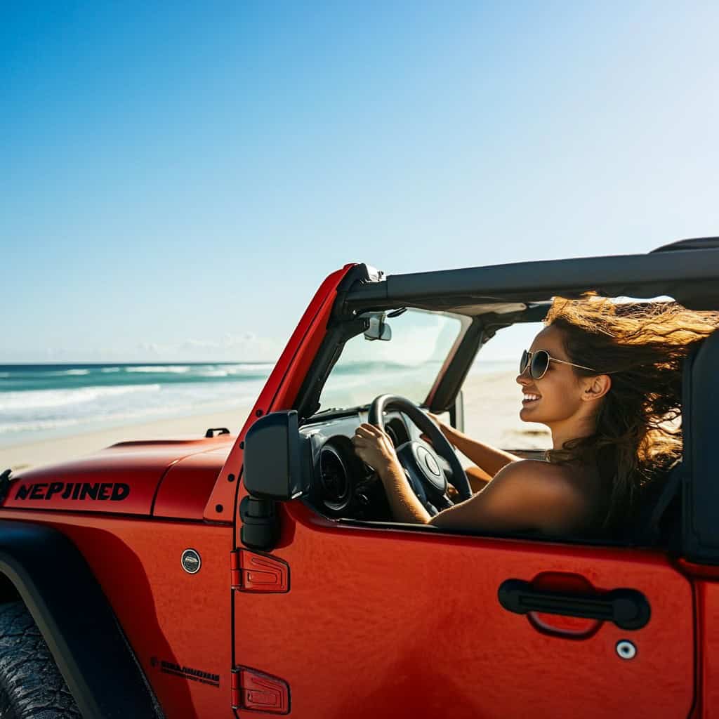 A woman enjoys a sunny beach drive in her red jeep, feeling the ocean breeze.