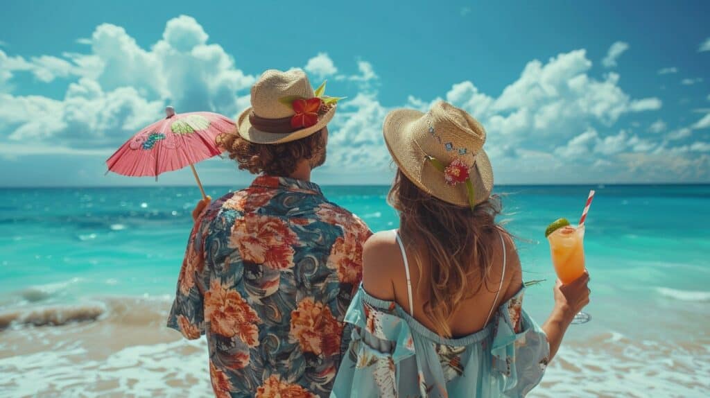 Couple enjoys a peaceful moment together in oahu wearing dress, and Hawaiian shirts , overlooking the serene blue sea with summer vibes all around.