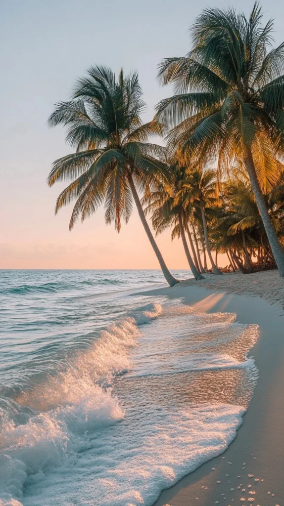 Palm trees sway gently on a tropical beach as the sun rises, creating a serene atmosphere on Lanikai Beach