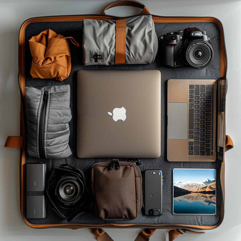 A neatly organized traveler's backpack filled with clothes, electronics, camera equipment and a laptop for journey.