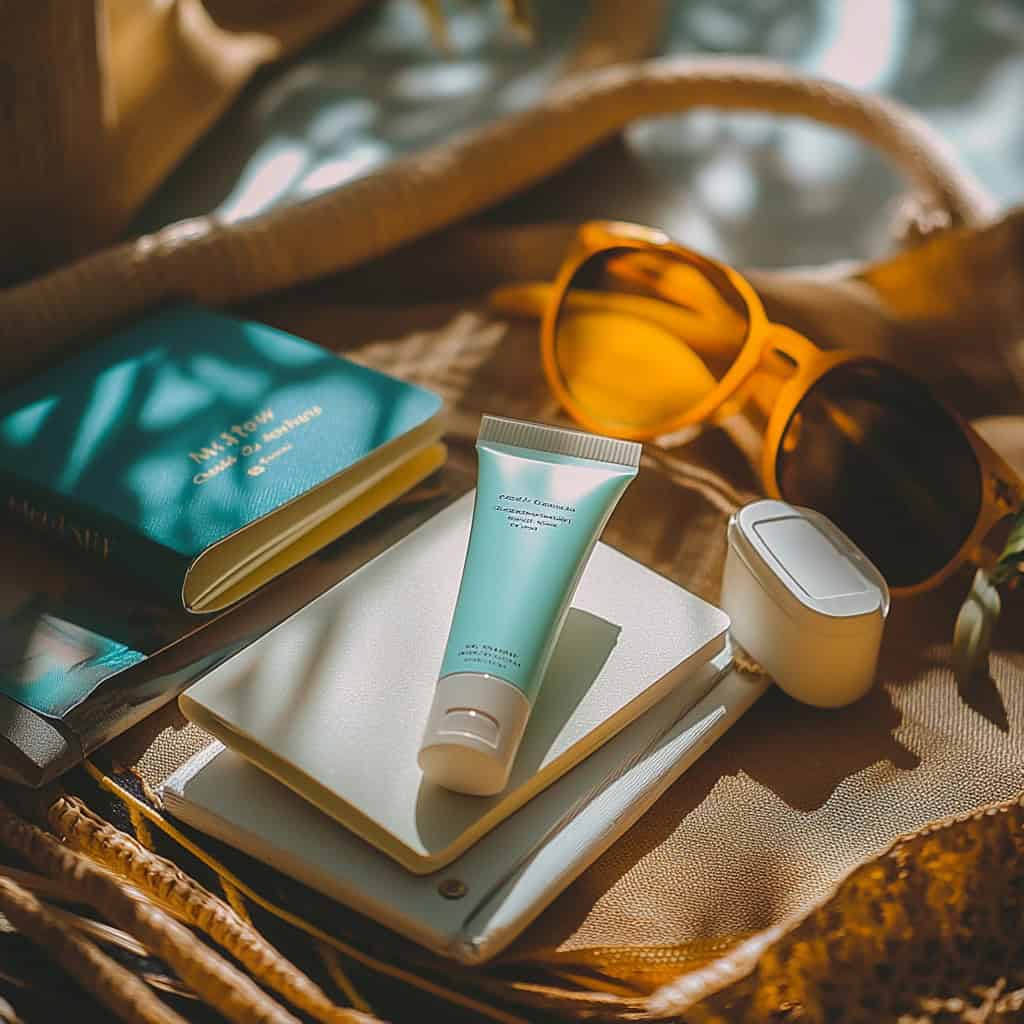 Sunglasses, sunscreen, and electronic gadgets neatly arranged in a straw bag for a sunny day outdoors.