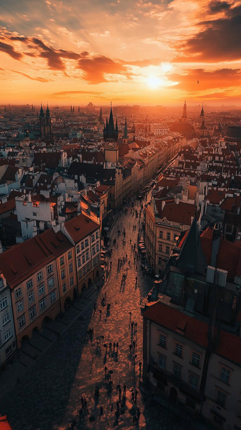 Sunset casts a golden glow over Prague, illuminating the charming streets and historic architecture of the city.