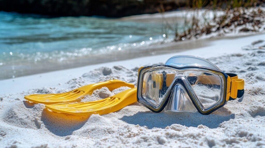 Yellow snorkeling mask and fins rest on the soft white sands by the crystal-clear waters.