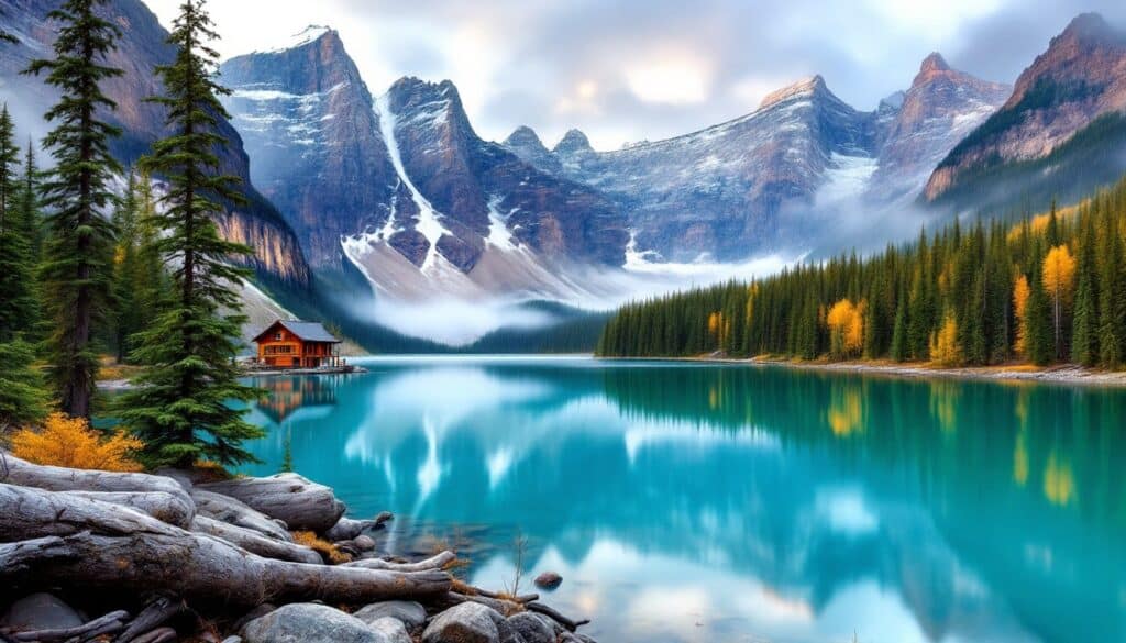 Snow-capped mountains, turquoise lakes, and dense forests in Banff National Park, Canada, showcasing the breathtaking natural beauty of the Canadian Rockies.
