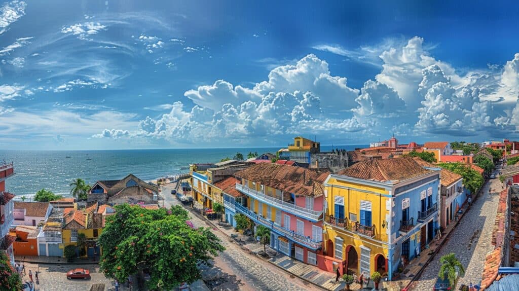 Colorful colonial buildings and cobblestone streets in the historic center of Cartagena, Colombia, illustrating the city's vibrant culture and history