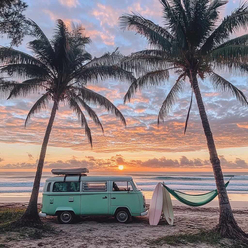 A vintage green campervan parked under palm trees at a beach during a breathtaking sunset.