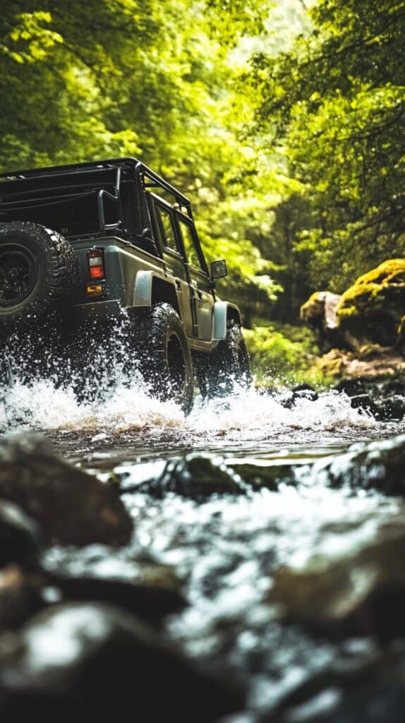 A rugged jeep splashes through a forest creek, surrounded by lush greenery and sunlit water.