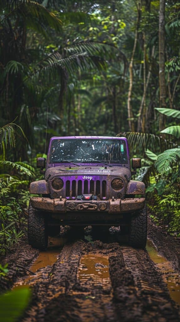 A rugged purple Jeep navigates a muddy trail surrounded by the dense, lush greenery of a tropical jungle.