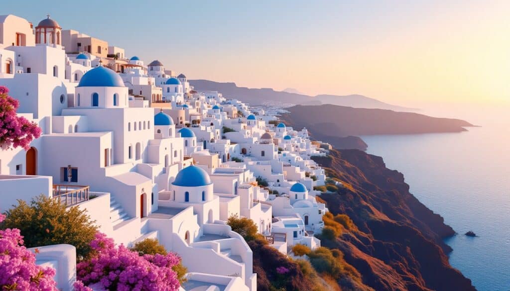 Stunning view of white-washed buildings with blue domes overlooking the Aegean Sea in Santorini, Greece, capturing the island's iconic charm.