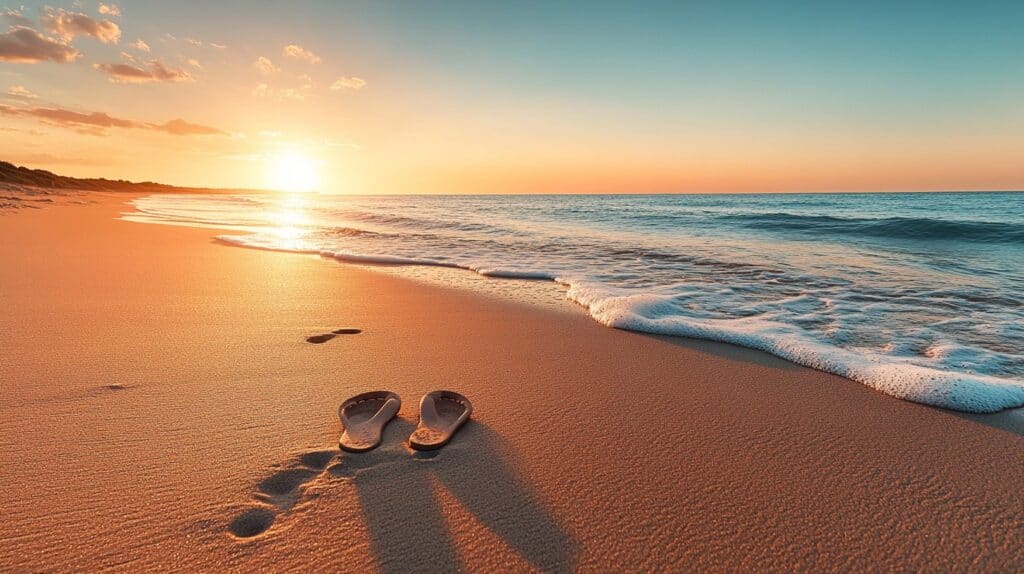 A serene sunset casts golden hues over a tranquil beach, with sandals and footprints in the sand.