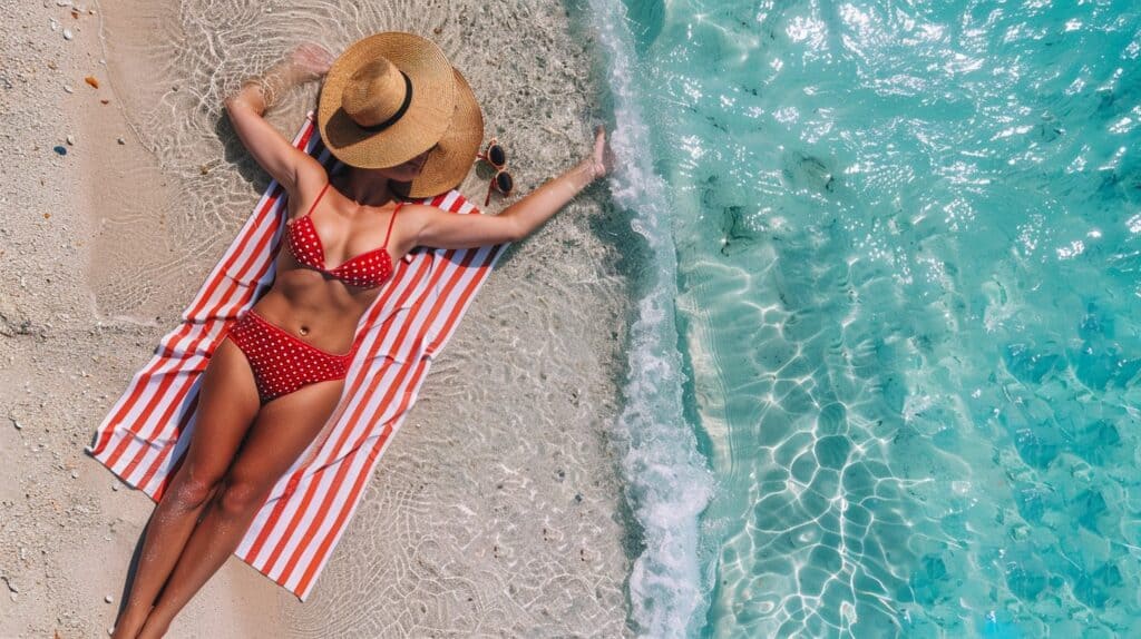 A woman enjoys a serene moment, relaxing on a sandy beach beside sparkling turquoise waters.