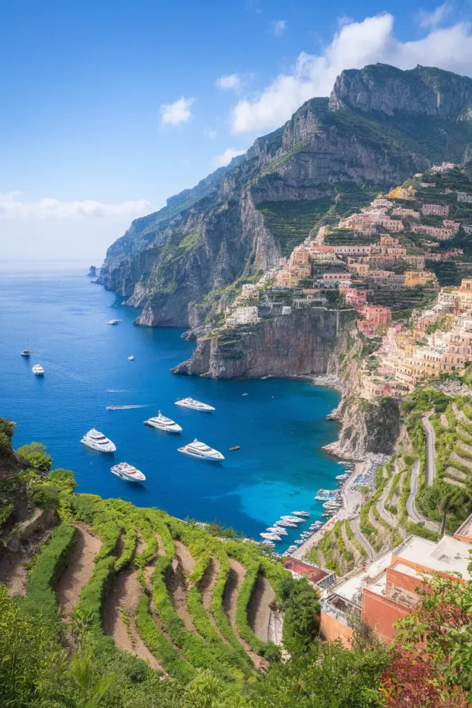 Aerial perspective of colorful clifftop villages along Italy's famous southern coastline with turquoise waters