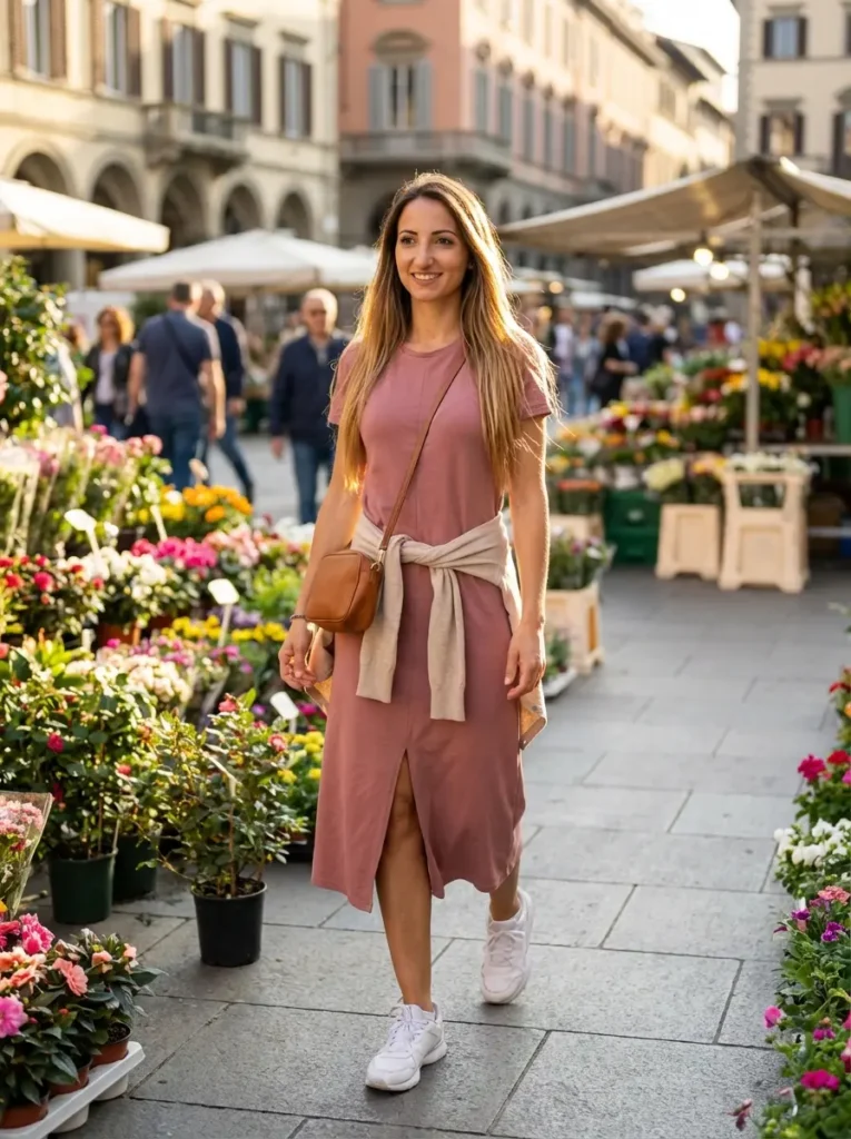 Woman wearing dusty rose midi dress with white sneakers and leather crossbody bag walking through colorful spring flower market
