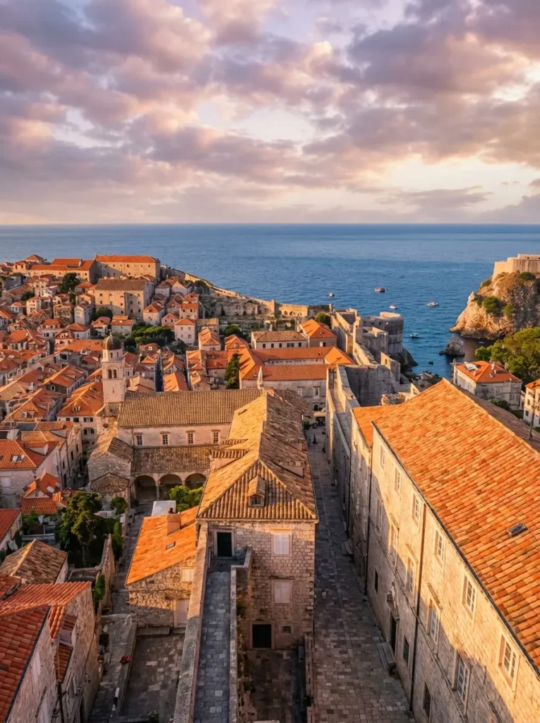 Medieval walled city with terracotta roofs overlooking the Adriatic at dawn before tourist crowds arrive