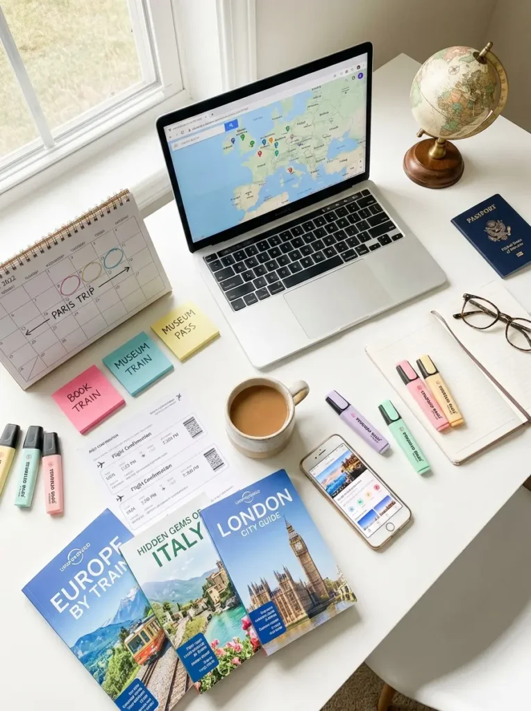 Well-organized desk workspace with travel documents, maps, and planning materials for upcoming vacation