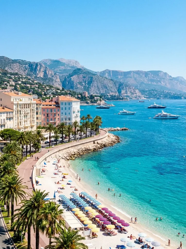 Pristine Mediterranean shoreline with palm-lined promenade and pastel architecture along the glamorous Côte d'Azur