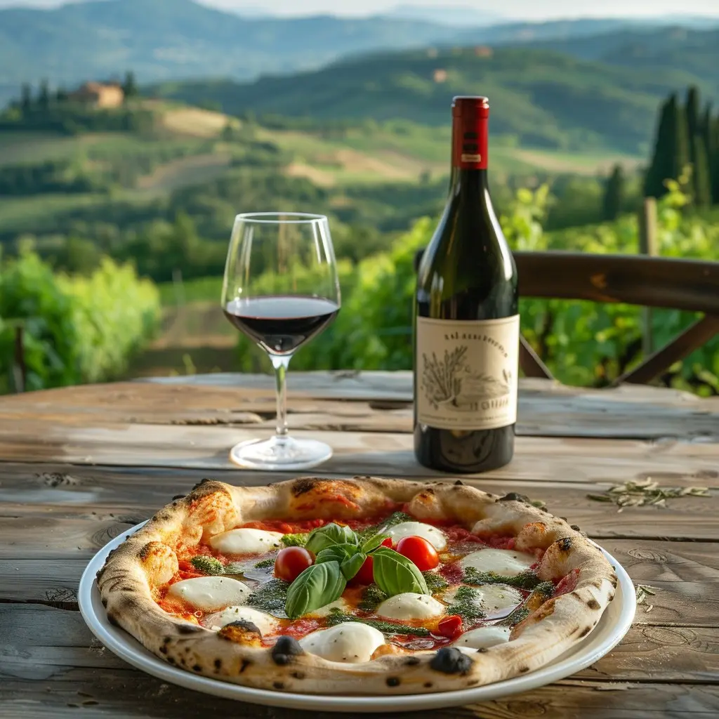 Enjoying a freshly baked pizza and glass of red wine with a serene Tuscan backdrop.