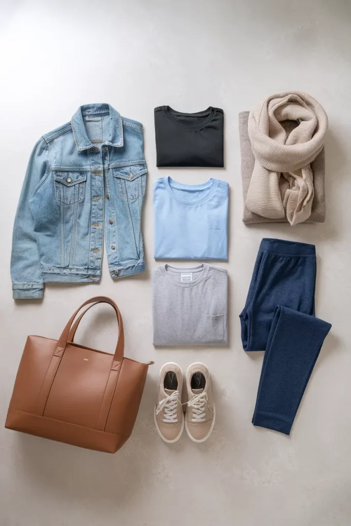 Key pieces for spring travel outfits including jackets, leggings, and comfortable shoes