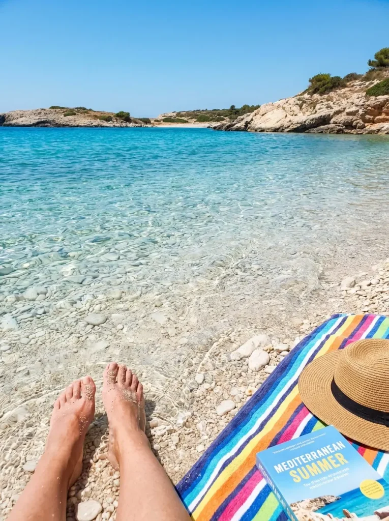 Crystal-clear coastal waters with sunbather's essentials on pristine shoreline during warm-weather getaway