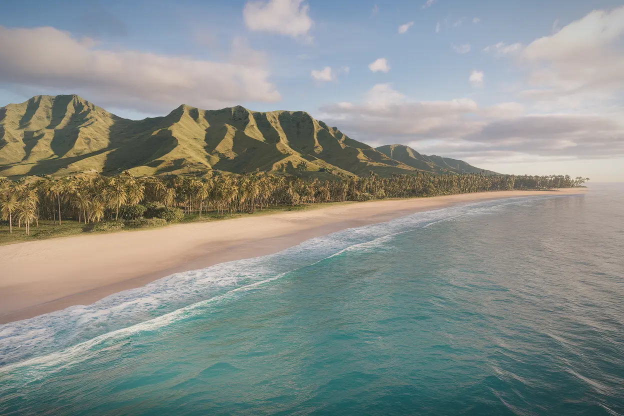 Aerial view of the North Shore of Oahu with beach, ocean, and mountains