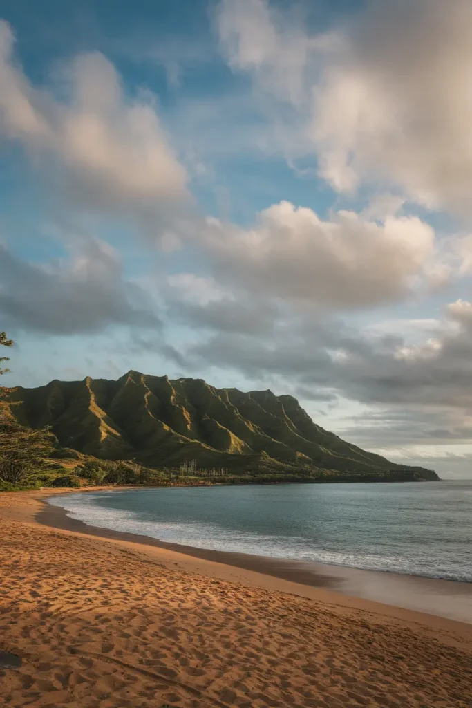 Wide sandy beach on the North Shore of Oahu with dramatic coastline. Waikiki vs North Shore Oahu: Where Should You Stay?
