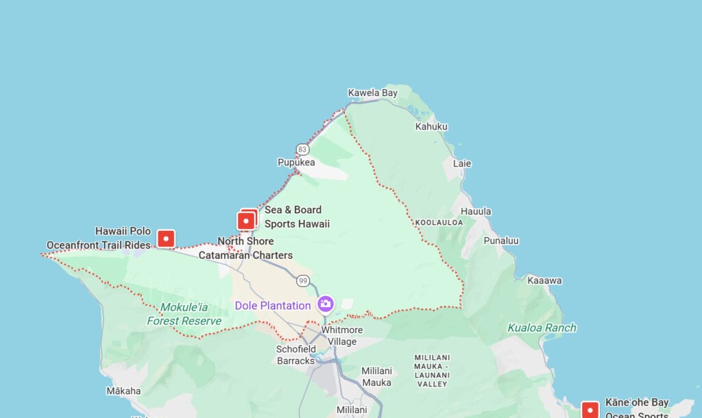 Wide coastline on the North Shore of Oahu Map with beach and hills