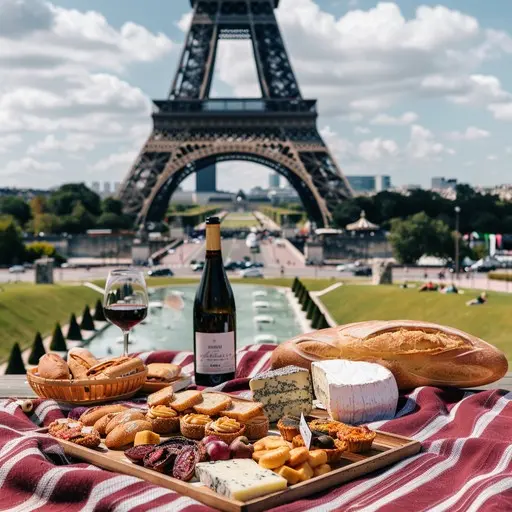 Visitors enjoying warm weather beneath the iconic iron tower surrounded by blooming gardens in the City of Light